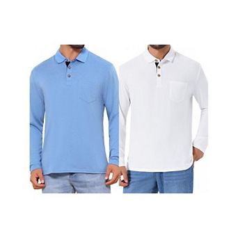 2 Packs Men's Contrast Button Collared Pocket Long Sleeves Golf Polos with Pockets