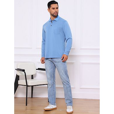 2 Packs Men's Contrast Button Collared Pocket Long Sleeves Golf Polo T-Shirts