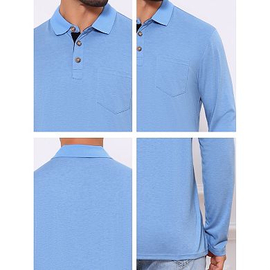 2 Packs Men's Contrast Button Collared Pocket Long Sleeves Golf Polo T-Shirts