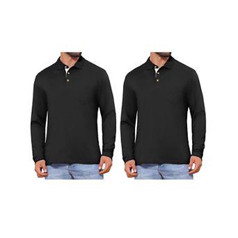 2 Packs Men's Contrast Button Collared Pocket Long Sleeves Golf Polo T-Shirts
