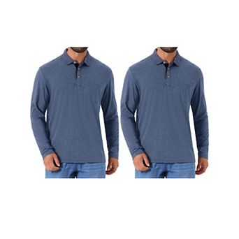 2 Packs Men's Contrast Button Collared Pocket Long Sleeves Golf Polo T-Shirts