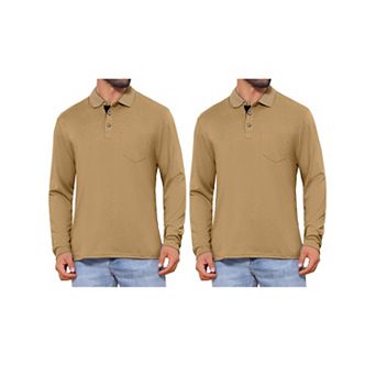 2 Packs Men's Contrast Button Collared Pocket Long Sleeves Golf Polo T-Shirts