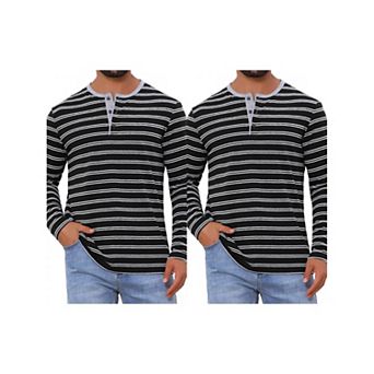 2 Packs Men's Casual Long Sleeve Contrasting Colors Striped Henley T-Shirts