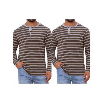 2 Packs Men's Casual Long Sleeve Contrasting Colors Striped Henley T-Shirts