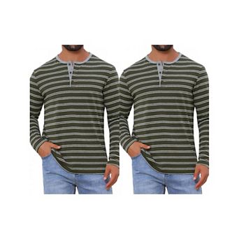 2 Packs Men's Casual Long Sleeve Contrasting Colors Striped Henley T-Shirts