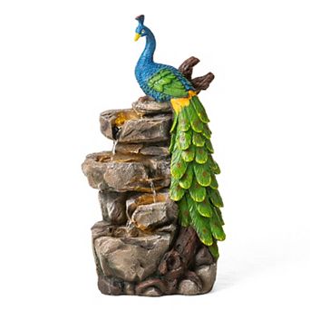Glitzhome 4 tier Peacock with Stacked Stone Polyresin Outdoor Fountain, 20.5"H