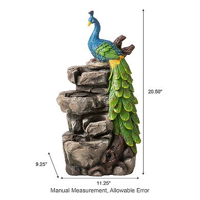 Glitzhome 4-Tierd Peacock with Stacked Stone Polyresin Outdoor Fountain, 20.5"H