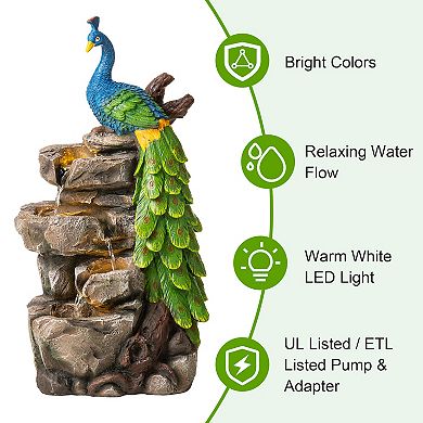 Glitzhome 4-Tierd Peacock with Stacked Stone Polyresin Outdoor Fountain, 20.5"H