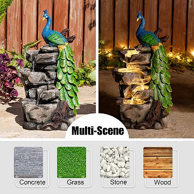 Glitzhome 4-Tierd Peacock with Stacked Stone Polyresin Outdoor Fountain, 20.5"H