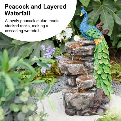 Glitzhome 4-Tierd Peacock with Stacked Stone Polyresin Outdoor Fountain, 20.5"H