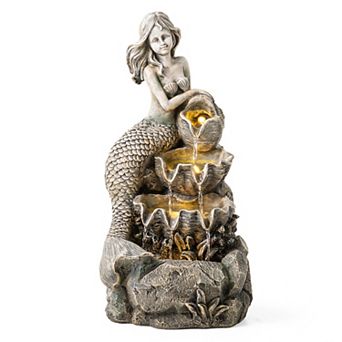 Glitzhome 4 tier d Outdoor Fountain, 22.25"H Concrete Mermaid Polyresin Water Fountain