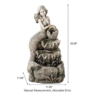 Glitzhome 4-Tiered Outdoor Fountain, 22.25"H Concrete Mermaid Polyresin Water Fountain