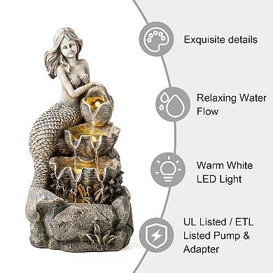 Glitzhome 4-Tiered Outdoor Fountain, 22.25"H Concrete Mermaid Polyresin Water Fountain