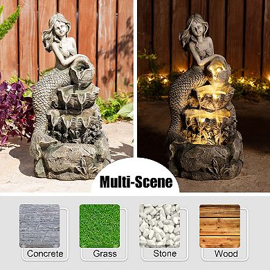Glitzhome 4-Tiered Outdoor Fountain, 22.25"H Concrete Mermaid Polyresin Water Fountain