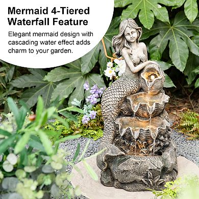 Glitzhome 4-Tiered Outdoor Fountain, 22.25"H Concrete Mermaid Polyresin Water Fountain