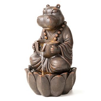 Glitzhome 2 tier d Zen-Style Outdoor Fountain, 21.75"H Bronze Hippo Polyresin Waterfall Fountain