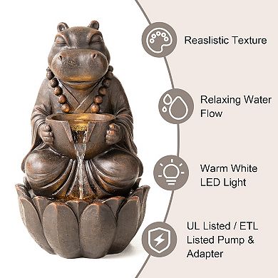 Glitzhome 2-Tiered Zen-Style Outdoor Fountain, 21.75"H Bronze Hippo Polyresin Waterfall Fountain