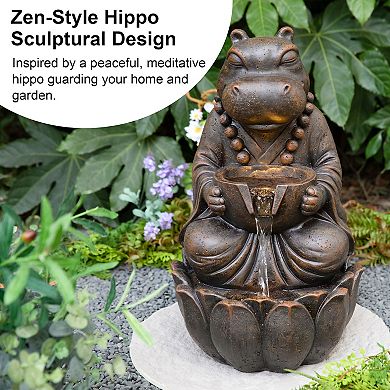 Glitzhome 2-Tiered Zen-Style Outdoor Fountain, 21.75"H Bronze Hippo Polyresin Waterfall Fountain