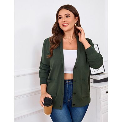 Women's Plues Size Button Front Cardigan Long Sleeve Lapel Collar Sweater And Pockets