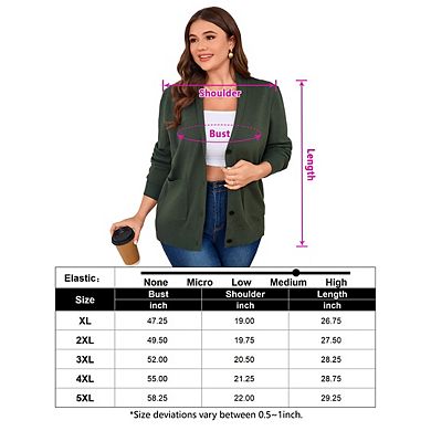 Women's Plues Size Button Front Cardigan Long Sleeve Lapel Collar Sweater And Pockets