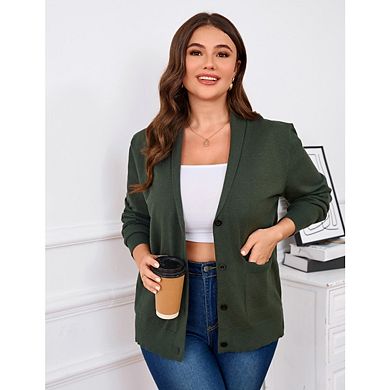 Women's Plues Size Button Front Cardigan Long Sleeve Lapel Collar Sweater And Pockets