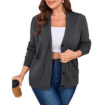 Women's Plues Size Button Front Cardigan Long Sleeve Lapel Collar Sweater And Pockets