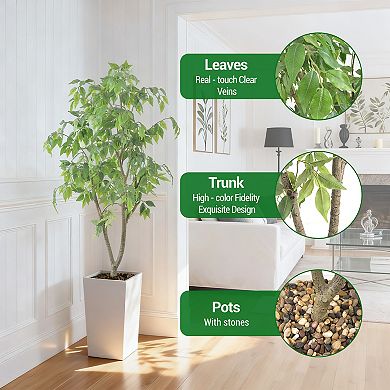 Artificial Ficus Tree Indoor 5ft,Large Potted Faux Tree with Realistic Silk Leaves & Trunk for Home