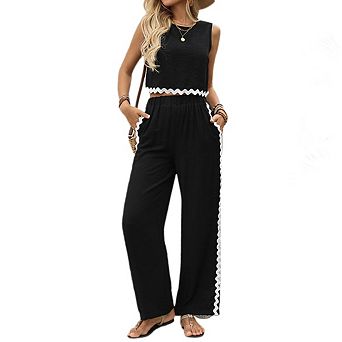Women's 2 pc Outfits Wide Leg Pant Sets Patchwork Crop Tank Top Vacation Two Piece Sets