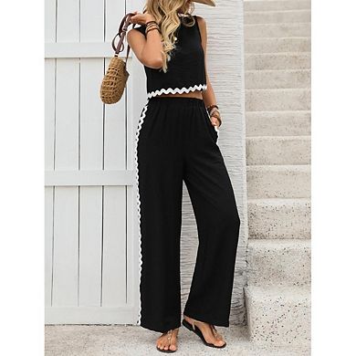 Women's 2 Piece Outfits Wide Leg Pant Sets Patchwork Crop Tank Top Vacation Two Piece Sets