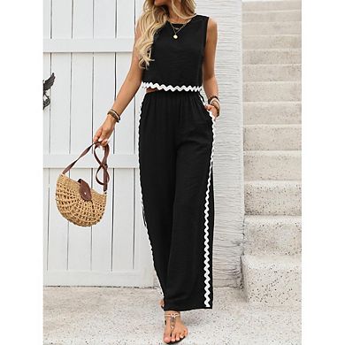 Women's 2 Piece Outfits Wide Leg Pant Sets Patchwork Crop Tank Top Vacation Two Piece Sets