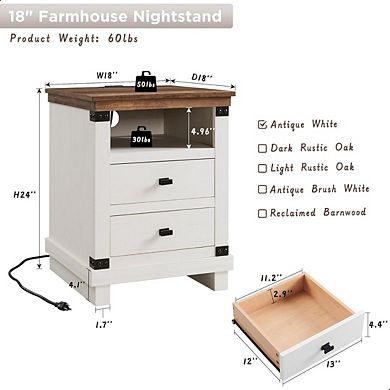 Farmhouse Nightstand with Charging Station, 18" Rustic Night Stand Wood End Table 1PC