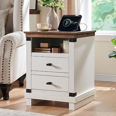 Farmhouse Nightstand with Charging Station, 18" Rustic Night Stand Wood End Table 1PC