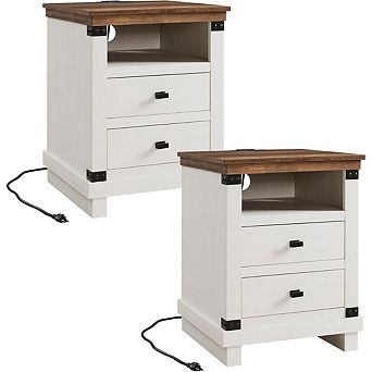 Farmhouse Nightstand Set of 2 with Charging Station, 18" Rustic Night Stand Wood End Table