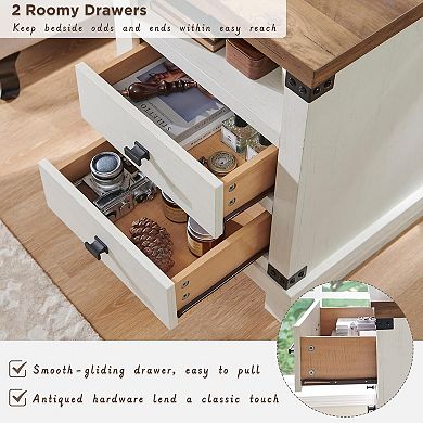 Farmhouse Nightstand Set of 2 with Charging Station, 18" Rustic Night Stand Wood End Table