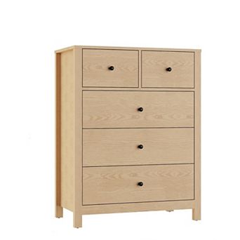 5 Drawer Dresser with Deep Drawers & Metal Knobs, Modern Wooden Double Chests of Drawers for Bedroom