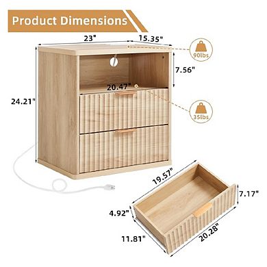 Fluted Farmhouse Nightstand with Charging Station, 23" Wide End Table Dresser Bed Side 2pcs