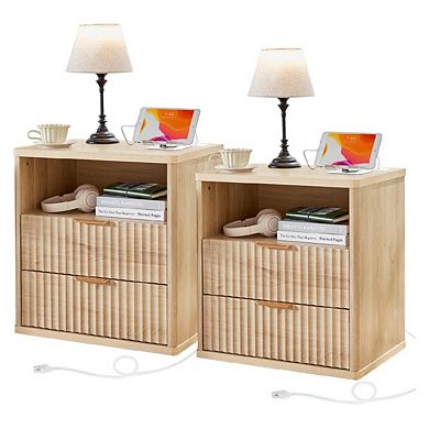 Fluted Farmhouse Nightstand with Charging Station, 23" Wide End Table Dresser Bed Side 2pcs