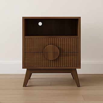 1 pc Modern Fluted Night Stand Bedroom Nightstand with USB Charging Station Wood Fluted Bedside Table