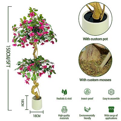 5ft Realistic Pink Bougainvillea Faux Tree  Lifelike Silk Topiary in Pot for Indoor Outdoor Decor