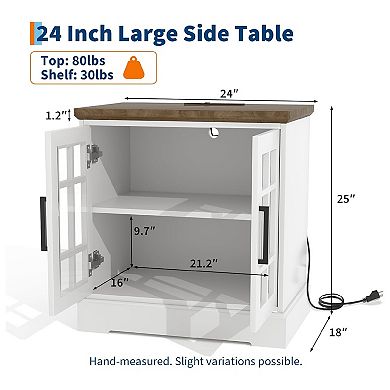 Farmhouse Nightstand with Charging Station, 24 Inch End Table Rustic Wood Square Sofa Side Table