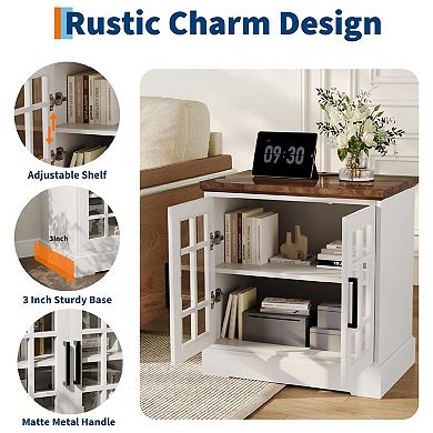 Farmhouse Nightstand with Charging Station, 24 Inch End Table Rustic Wood Square Sofa Side Table