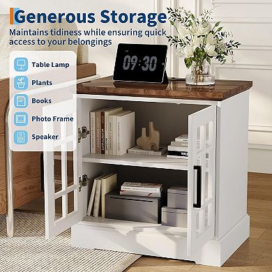 Farmhouse Nightstand with Charging Station, 24 Inch End Table Rustic Wood Square Sofa Side Table