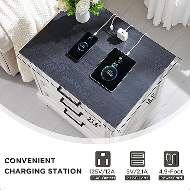 Farmhouse Nightstand Set of 2 with Charging Station, 22 Inch Wide End Table Wood Dresser