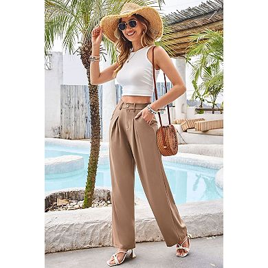 Women's Wide Leg Dress Pants Elastic Waist Trousers with Side Pockets
