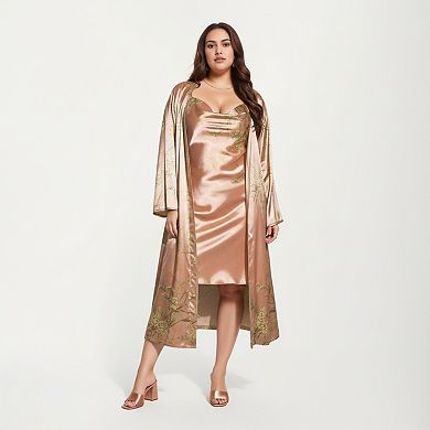 Women' s Satin Slip Dress and Long Robe Set with Floral Pattern Draped Neckline