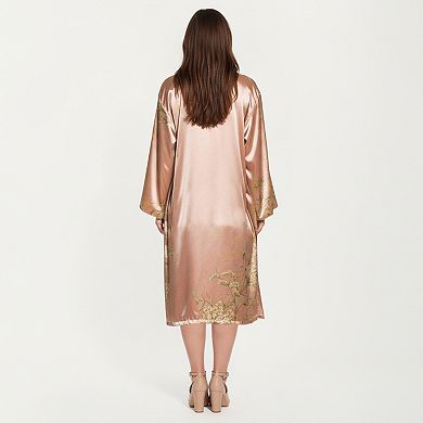 Women' s Satin Slip Dress and Long Robe Set with Floral Pattern Draped Neckline
