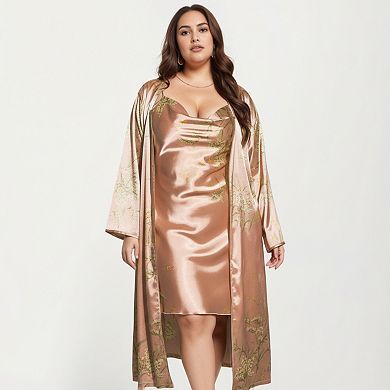 Women' s Satin Slip Dress and Long Robe Set with Floral Pattern Draped Neckline