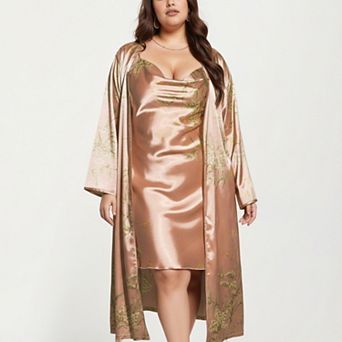 Women' s Satin Slip Dress and Long Robe Set with Floral Pattern Draped Neckline