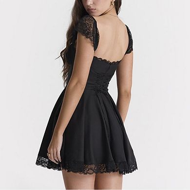 Women's Square Neck Lace Trim Backless Bodycon Slip Dress French Style Spaghetti Strap Mini Dress