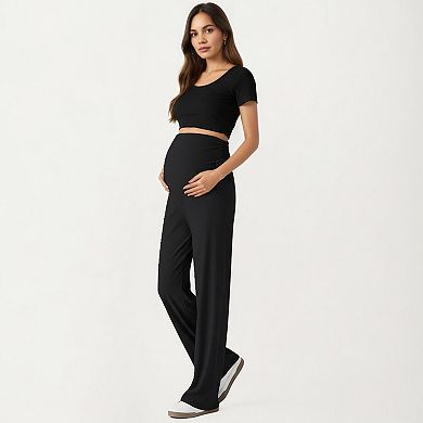 Women's Maternity Wide-Leg Pants - Lightweight Breathable Stretch Knit with Adjustable Ruched Waist